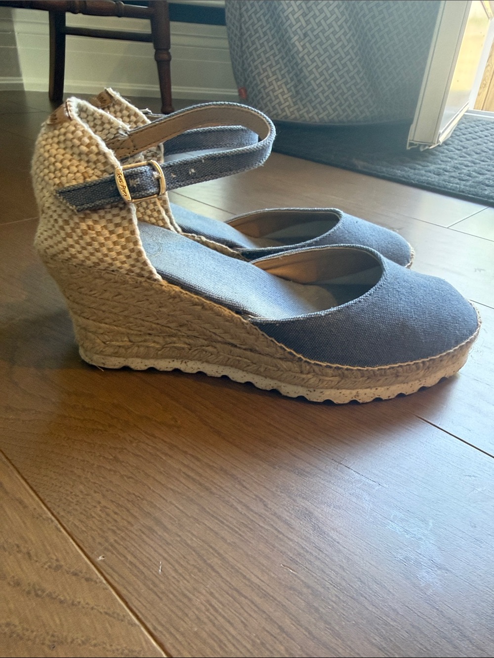 Women’s Blue Canvas Espadrille Wedge with Ankle Strap
